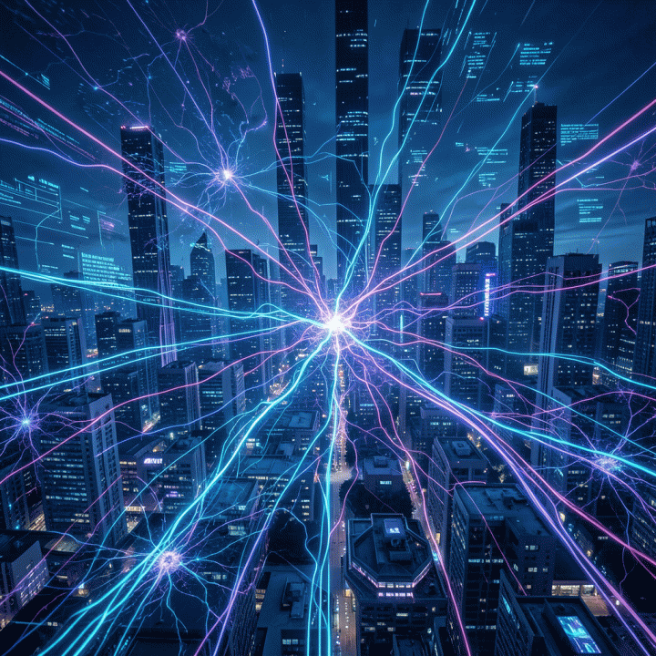 Visualisasi sinematik dan futuristik dari lanskap digital yang saling terhubung, menunjukkan perkembangan teknologi AI yang canggih dan terobosan data global.