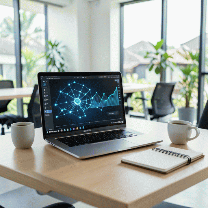 Meja kerja modern dengan laptop yang menampilkan visualisasi data AI yang kompleks, melambangkan analisis berita dan tren teknologi terbaru.