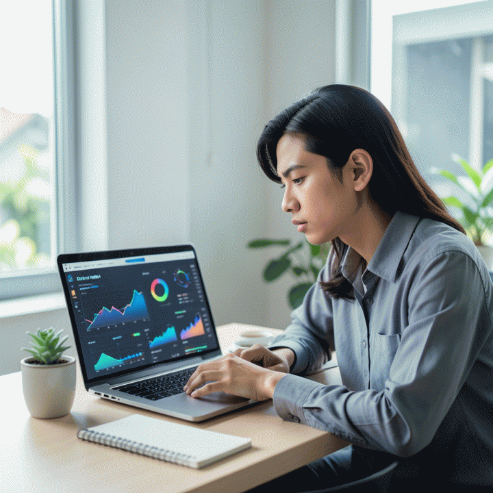 Seorang profesional muda di Indonesia sedang bekerja dengan laptop yang menampilkan visualisasi data analitik e-commerce, melambangkan peningkatan bisnis dan komisi affiliate.