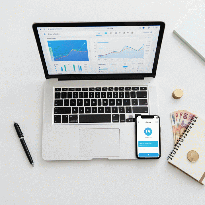 Tampilan atas meja kerja yang menunjukkan laptop dengan dashboard analitik dan smartphone dengan notifikasi transaksi sukses, melambangkan manajemen bisnis yang teroptimasi.