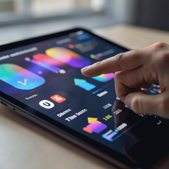 Tangan menunjuk pada kategori produk yang sedang tren tinggi di layar tablet, menunjukkan identifikasi produk terbaik untuk komisi affiliate.