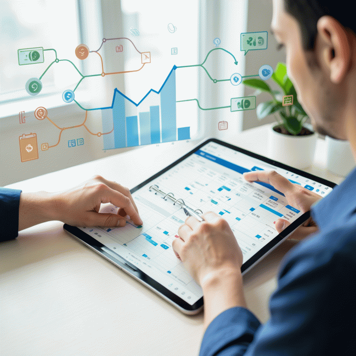 Seorang individu secara visual mengelola keuangan pribadinya dengan teratur menggunakan aplikasi perencana digital. Visualisasi kontrol dan manajemen keuangan yang terstruktur.