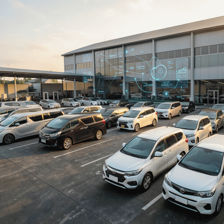 Tampilan sinematik dan fotorealistik lokasi rental mobil modern di Cirebon, Indonesia, yang menunjukkan armada kendaraan yang terawat dan suasana operasional yang terdigitalisasi dan efisien.