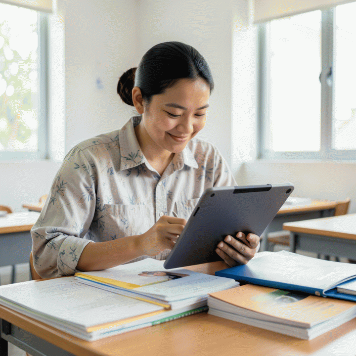 Seorang guru Indonesia yang terlihat tenang dan berenergi di kelas modern, menunjukkan manajemen beban kerja yang seimbang.