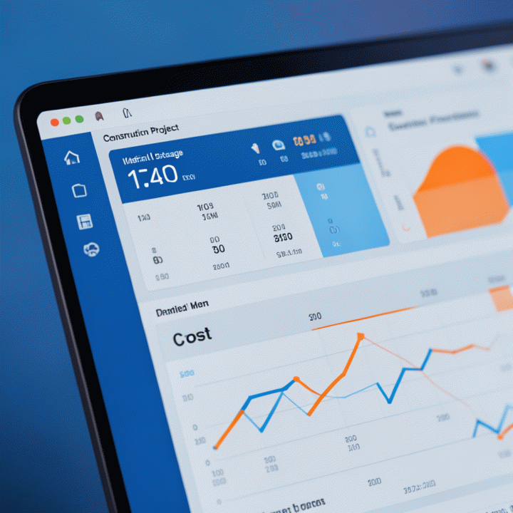 Abstract visualization of a construction project financial dashboard with real-time cost and progress metrics.