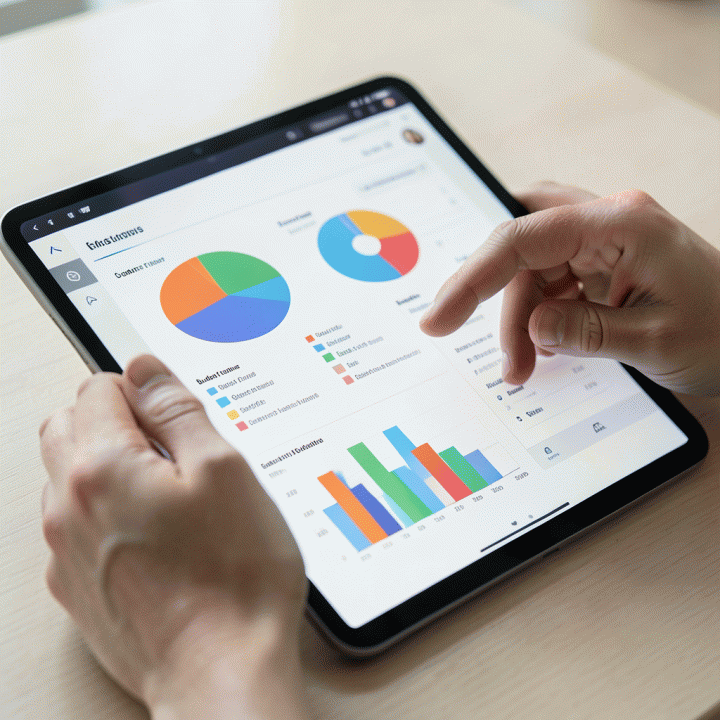 Tangan yang menggunakan tablet untuk melacak dan mengelola anggaran keuangan pernikahan yang terorganisir secara visual.