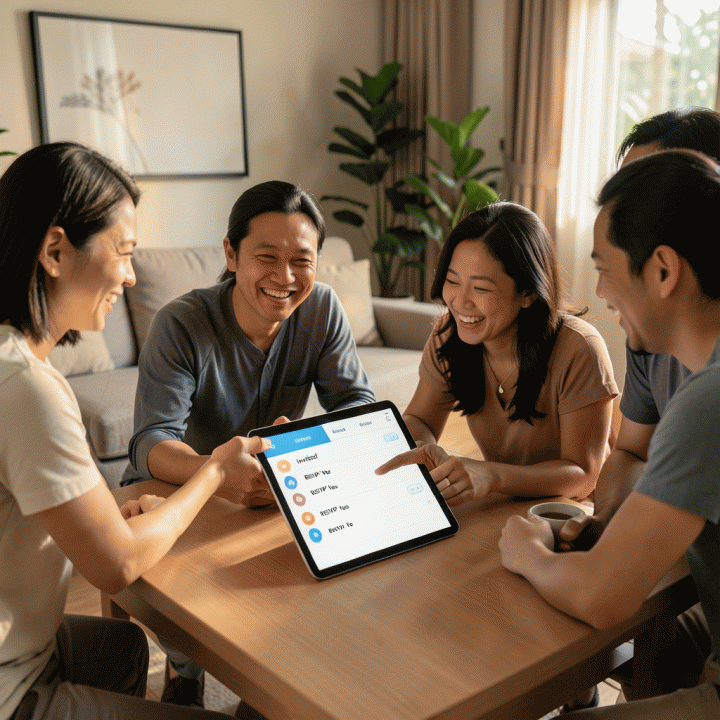 Keluarga atau teman-teman yang berkumpul dan berkolaborasi menggunakan tablet untuk mengelola daftar tamu pernikahan secara terpusat.