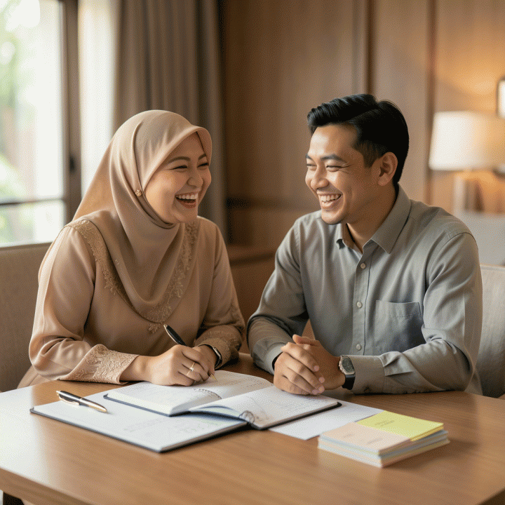 Pasangan pengantin Indonesia yang tersenyum tenang saat merencanakan pernikahan di meja yang rapi, melambangkan manajemen anggaran dan daftar tamu yang terorganisir.