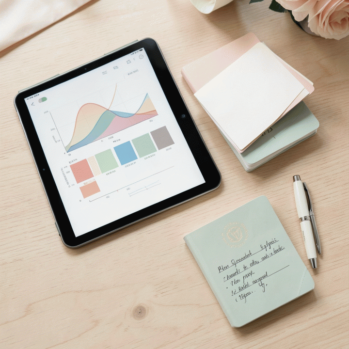 Foto datar (flat lay) yang menampilkan elemen-elemen perencanaan pernikahan yang terorganisir, termasuk tablet dengan grafik anggaran abstrak dan kartu RSVP yang rapi.
