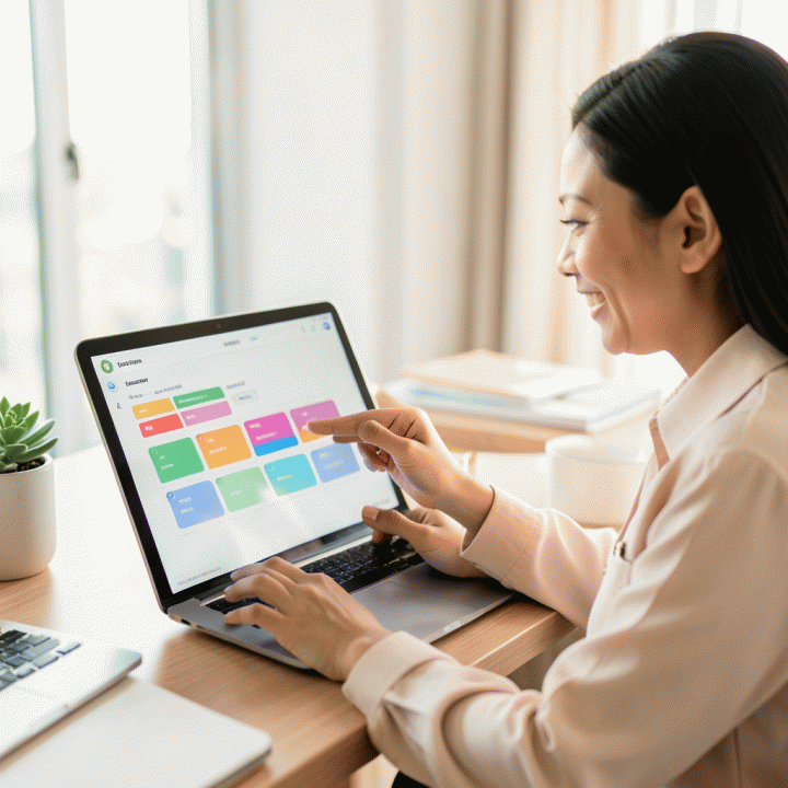 Wedding organizer membantu pasangan pengantin meninjau jadwal dan checklist persiapan pernikahan di layar digital, menunjukkan proses perencanaan yang terarah.