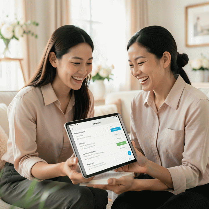 Sepasang pengantin Indonesia yang tampak bahagia dan santai menggunakan tablet modern untuk mengelola daftar tamu dan konfirmasi kehadiran (RSVP) pernikahan, menunjukkan proses perencanaan yang terstruktur dan anti-stres.