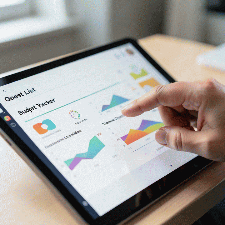Tangan yang menggunakan tablet digital untuk memvisualisasikan dashboard manajemen pernikahan yang terstruktur, menampilkan data anggaran, daftar tamu, dan checklist tanpa teks yang terbaca.