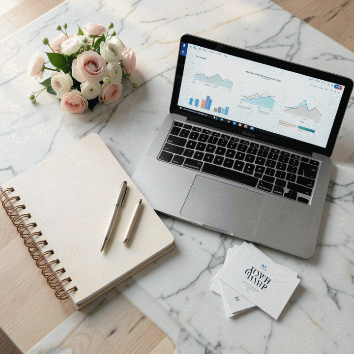 Flat lay foto perencanaan pernikahan yang elegan, menampilkan planner, kartu RSVP, laptop dengan chart abstrak, dan bunga, melambangkan persiapan yang terstruktur.