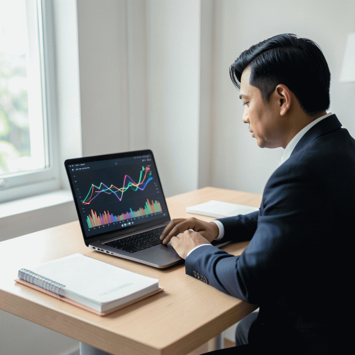 Seorang freelancer profesional Indonesia yang bekerja di meja yang rapi, menunjukkan konsep manajemen data dan keuangan yang terorganisir.