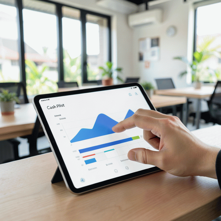 Tangan berinteraksi dengan dashboard aplikasi keuangan profesional di tablet, menunjukkan manajemen data yang terpusat dan mudah digunakan.
