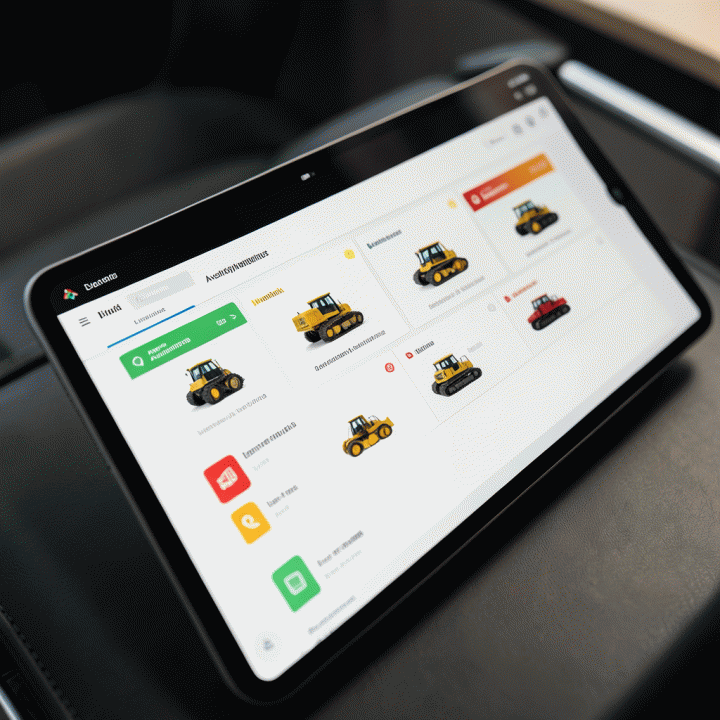 Tampilan dashboard manajemen inventaris digital yang menunjukkan status dan lokasi alat berat secara visual.