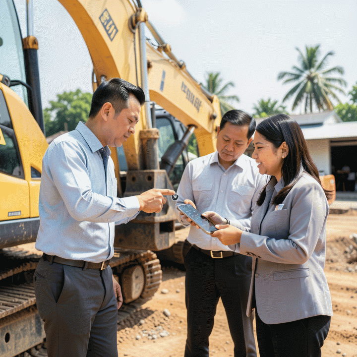 Tim profesional melakukan pemeriksaan alat berat di lokasi proyek, menggunakan teknologi digital untuk pencatatan inventaris yang akurat.