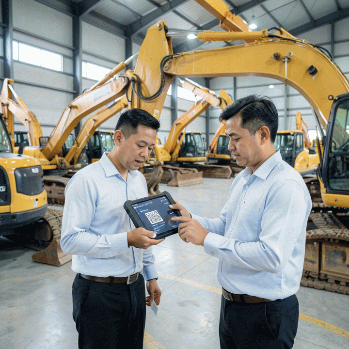 Manajer profesional menggunakan tablet untuk memindai QR code pada alat berat di gudang inventaris yang modern dan rapi, menunjukkan manajemen aset digital yang efisien.