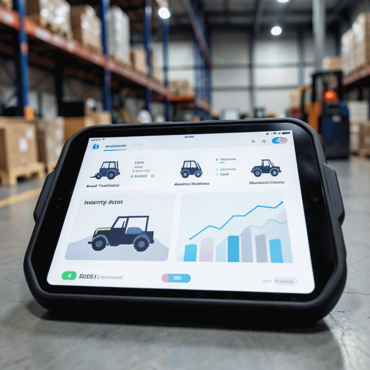 Tampilan dashboard digital di tablet yang menunjukkan status inventaris alat berat secara real-time, fokus pada visualisasi data tanpa teks yang terbaca.