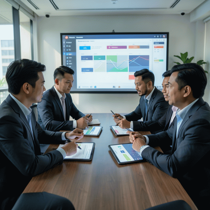 Manajer bisnis berkumpul dan berdiskusi mengenai dashboard manajemen inventaris digital di ruang rapat modern.