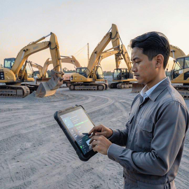 Manajer bisnis di lokasi alat berat yang modern menggunakan tablet untuk manajemen inventaris alat berat secara real-time, menunjukkan efisiensi dan digitalisasi operasional.