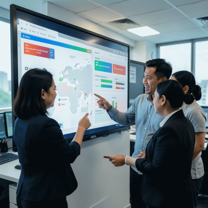 Tim profesional berdiskusi di ruang kontrol melihat dashboard digital untuk memantau status inventaris alat berat secara terpusat.