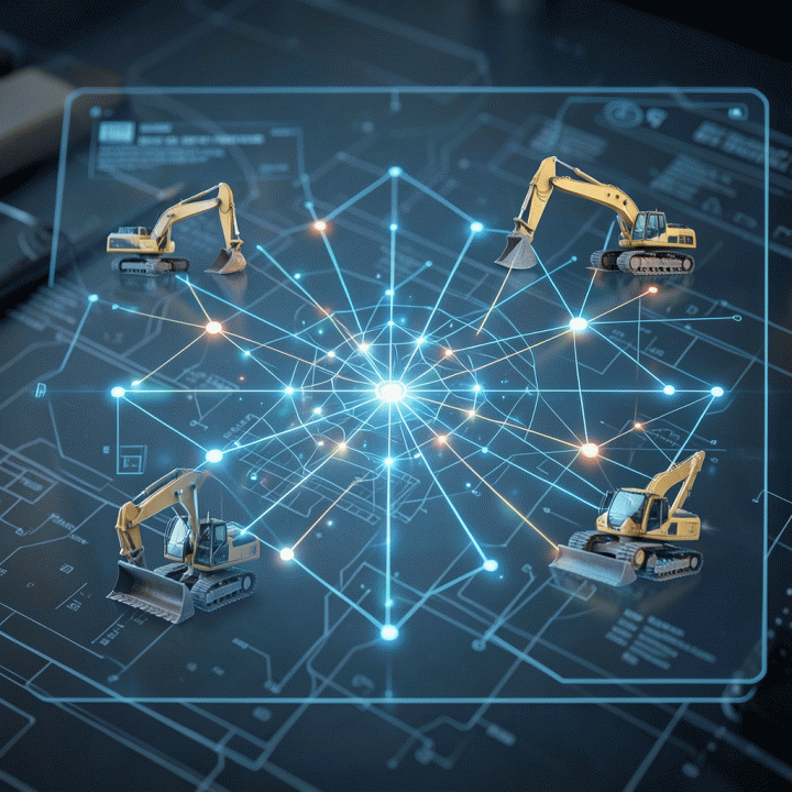 Visualisasi konsep digitalisasi manajemen inventaris alat berat dengan jaringan data real-time.