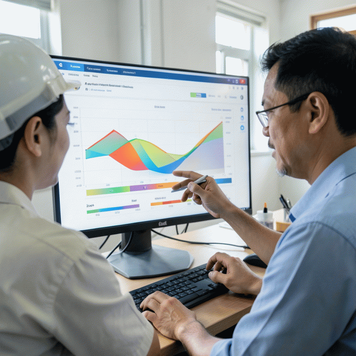 Pemilik proyek dan insinyur sedang meninjau dashboard manajemen proyek di kantor lapangan, fokus pada kontrol biaya dan progres.