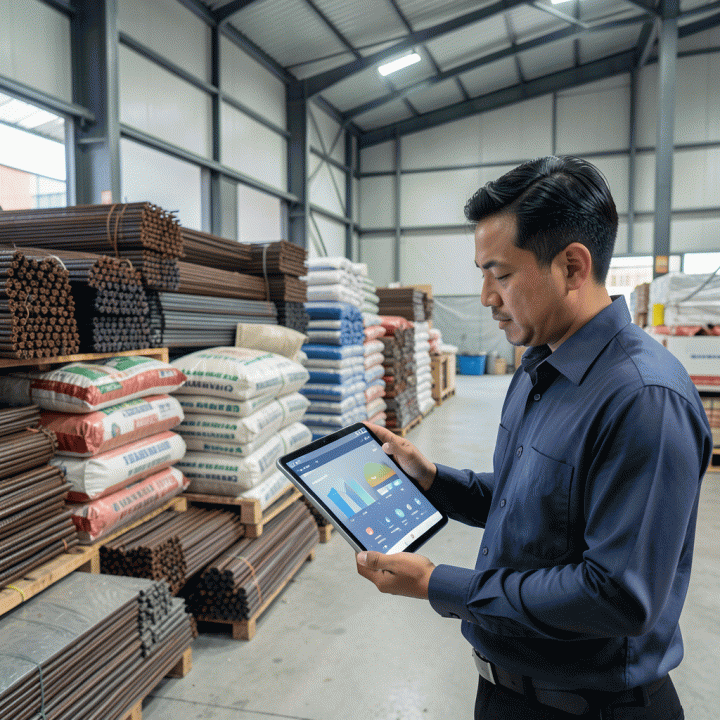 Manajer proyek di gudang konstruksi modern sedang mengelola inventaris material dengan bantuan tablet digital, menunjukkan sistem manajemen yang rapi dan efisien.