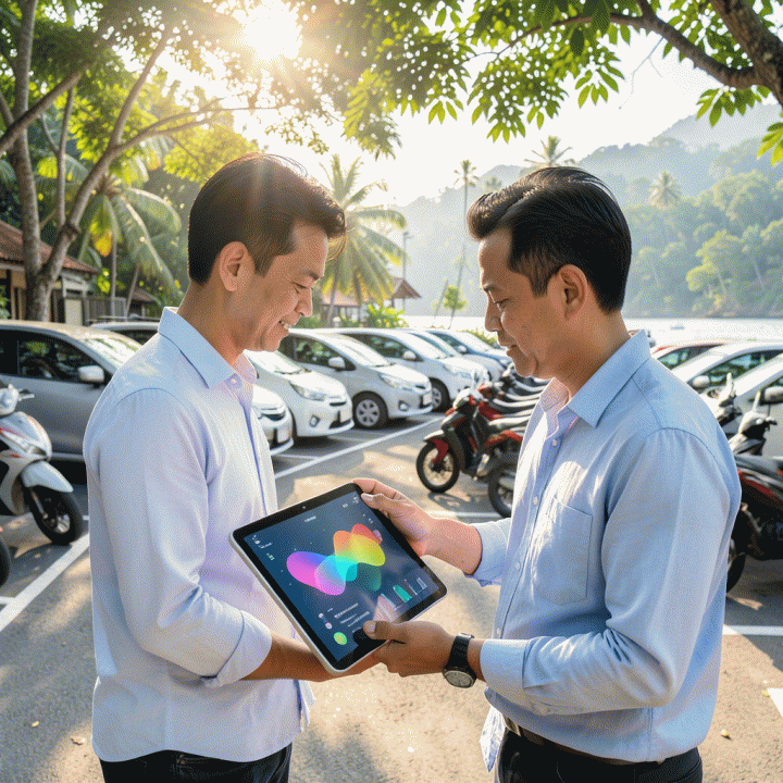 Manajer rental kendaraan modern menggunakan tablet di halaman parkir yang rapi di lokasi wisata populer Indonesia, melambangkan manajemen inventaris digital yang efisien.
