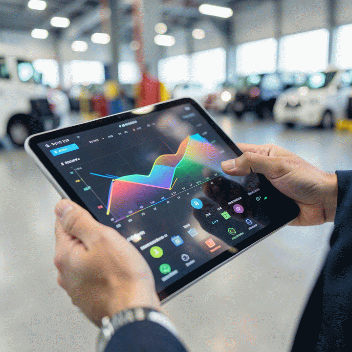 Tangan manajer yang menggunakan tablet untuk melacak inventaris kendaraan secara digital di lokasi rental.
