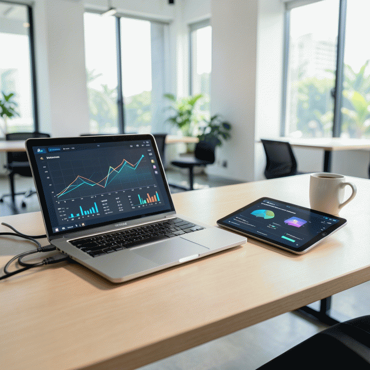 Tampilan meja kerja modern yang menampilkan laptop dan tablet dengan antarmuka dashboard keuangan dan operasional bisnis yang terintegrasi, melambangkan otomatisasi dan manajemen keuangan profesional.