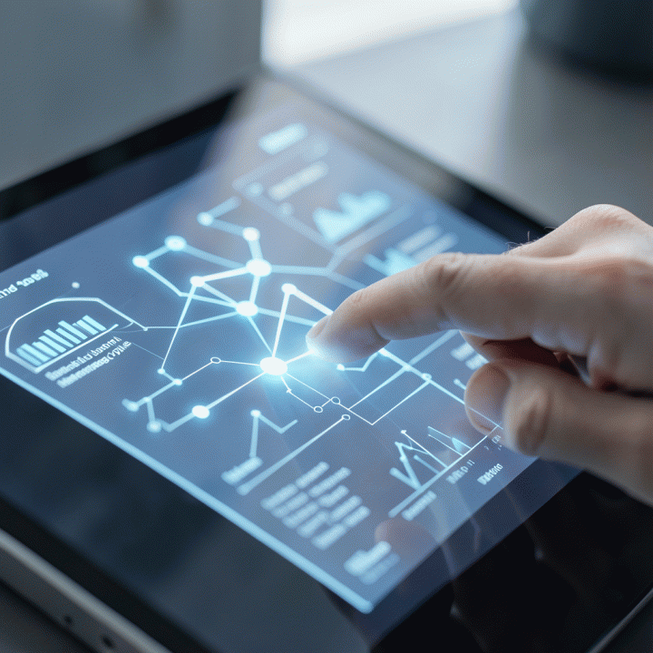 Tangan profesional yang berinteraksi dengan antarmuka digital futuristik yang menampilkan visualisasi terpadu dari manajemen siklus bisnis keuangan.