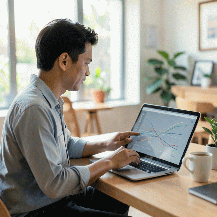 Seorang freelancer profesional yang fokus bekerja di laptop atau tablet yang menampilkan visualisasi data keuangan yang bersih dan terstruktur, menunjukkan efisiensi kerja.