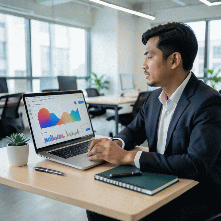 Seorang freelancer profesional Indonesia di meja kerja modern, menunjukkan laptop dengan dashboard keuangan dan operasional yang terintegrasi, melambangkan manajemen keuangan yang rapi dan terpusat.
