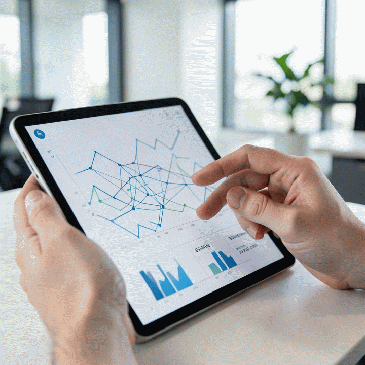 Tangan yang sedang menganalisis data proyek dan keuangan yang saling terhubung pada layar tablet modern.