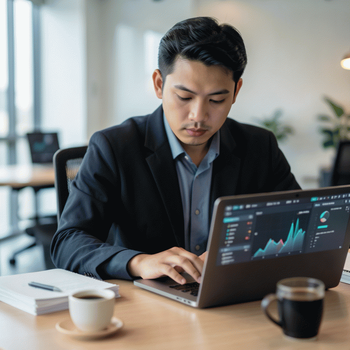 Seorang freelancer profesional yang fokus mengelola data operasional dan keuangan di ruang kerja modern, menunjukkan rasa kontrol dan organisasi.