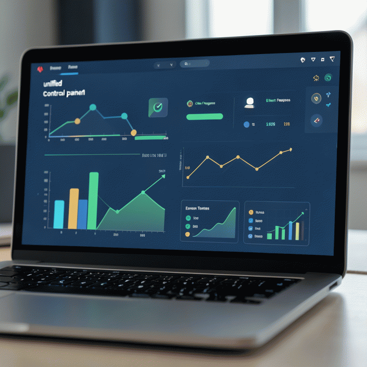 Visual abstrak dashboard terpadu yang menunjukkan integrasi data proyek dan keuangan tanpa teks yang terbaca.