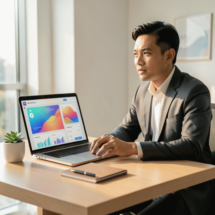Seorang freelancer profesional Indonesia di meja kerja modern yang menunjukkan dashboard keuangan dan manajemen proyek yang terorganisir pada laptop, melambangkan manajemen keuangan yang terpusat dan efisien.