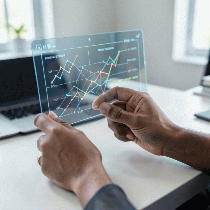 Tangan profesional berinteraksi dengan dashboard holografik yang menampilkan visualisasi data keuangan dan proyek yang terintegrasi.