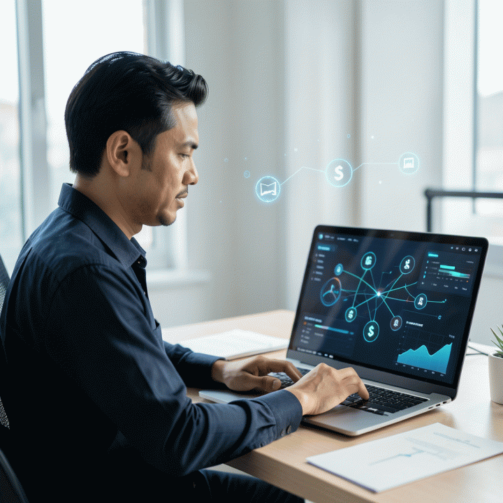 Freelancer profesional Indonesia yang bekerja di ruang modern, menatap dashboard digital yang terintegrasi untuk mengelola keuangan dan proyek secara terpusat.