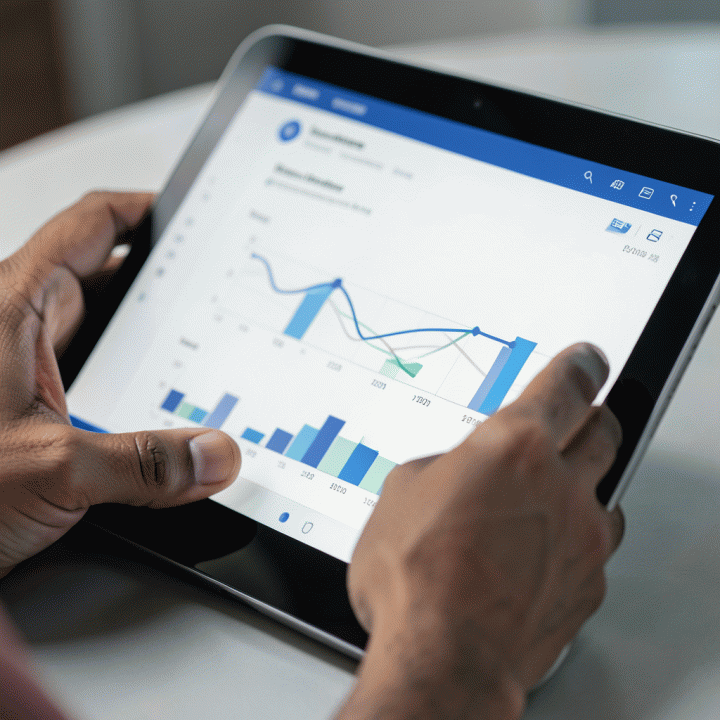 Tangan profesional menggunakan dashboard digital yang terintegrasi untuk memvisualisasikan hubungan antara operasional proyek dan data keuangan.