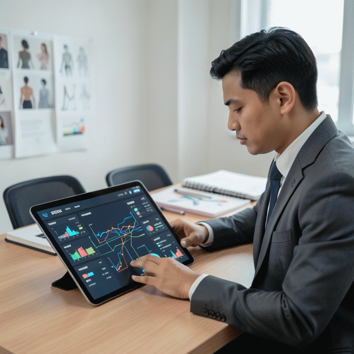 Seorang freelancer profesional di meja kerja modern, fokus pada tablet yang menampilkan visualisasi data keuangan dan proyek yang terintegrasi secara abstrak, menunjukkan manajemen bisnis yang terpusat.