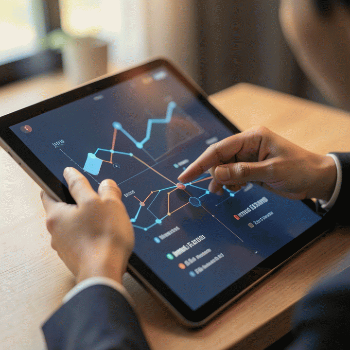 Tangan profesional berinteraksi dengan tablet yang menampilkan visualisasi data abstrak untuk mengelola proyek dan keuangan secara terpadu.