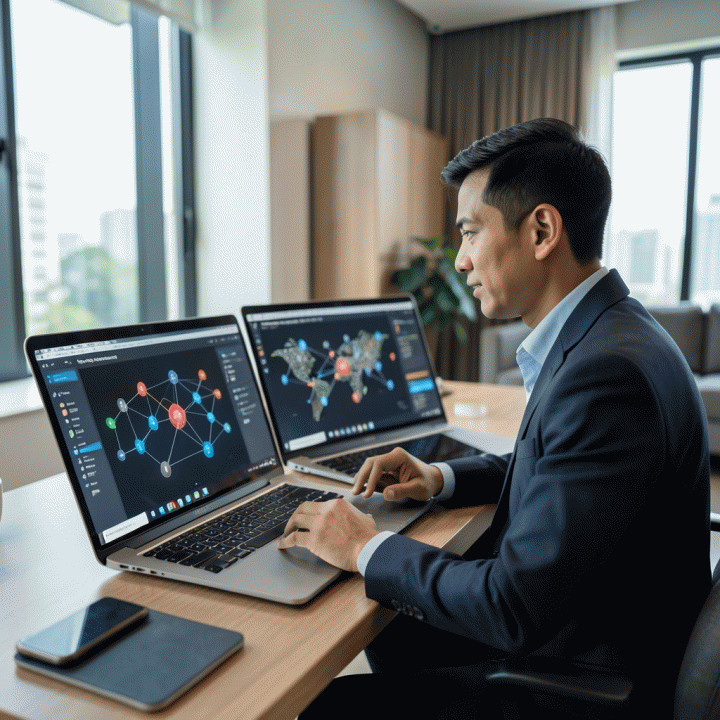 Profesional sedang memvisualisasikan peta karir dan prospek pekerjaan di berbagai layar digital, menunjukkan pemahaman strategis.