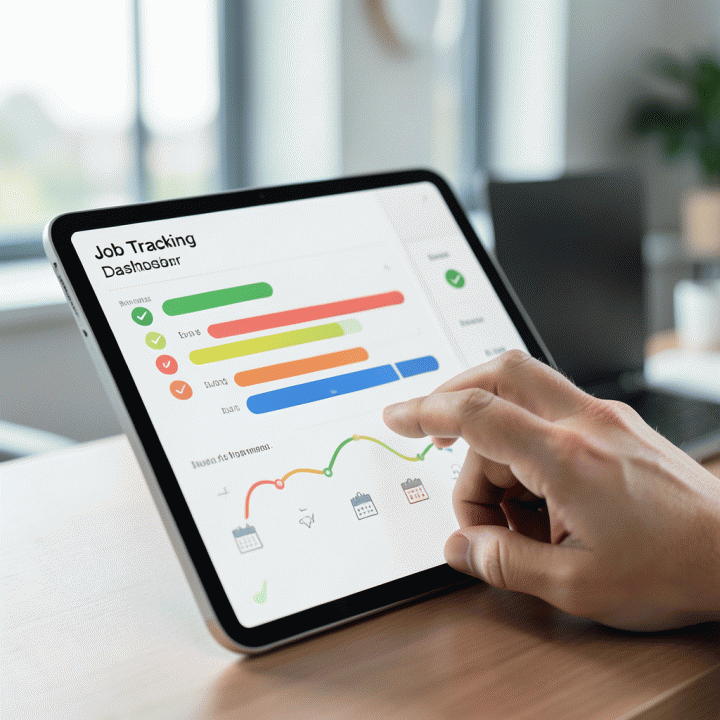 Tangan yang menggunakan tablet untuk melihat dashboard pelacakan lamaran kerja yang terorganisir.
