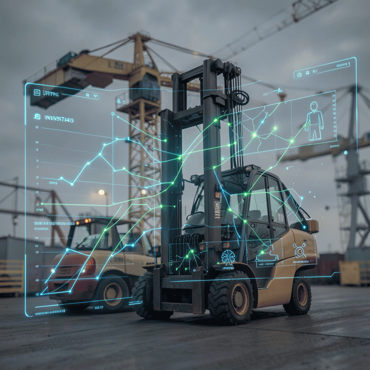 Visualisasi digitalisasi manajemen inventaris alat berat melalui overlay data real-time dan peta alur kerja teknologi.