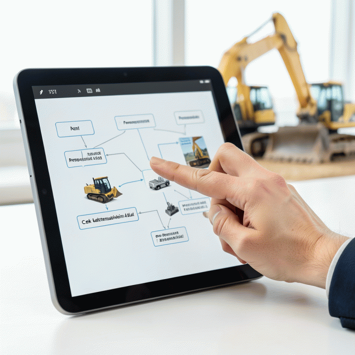 Manajer bisnis mendigitalkan alur kerja operasional rental alat berat melalui antarmuka tablet modern.
