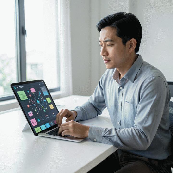 Seorang profesional muda sedang duduk di meja yang bersih, mengatur data digital tentang jalur karir dan peluang pekerjaan pada tablet, menunjukkan rasa fokus dan terorganisasi.