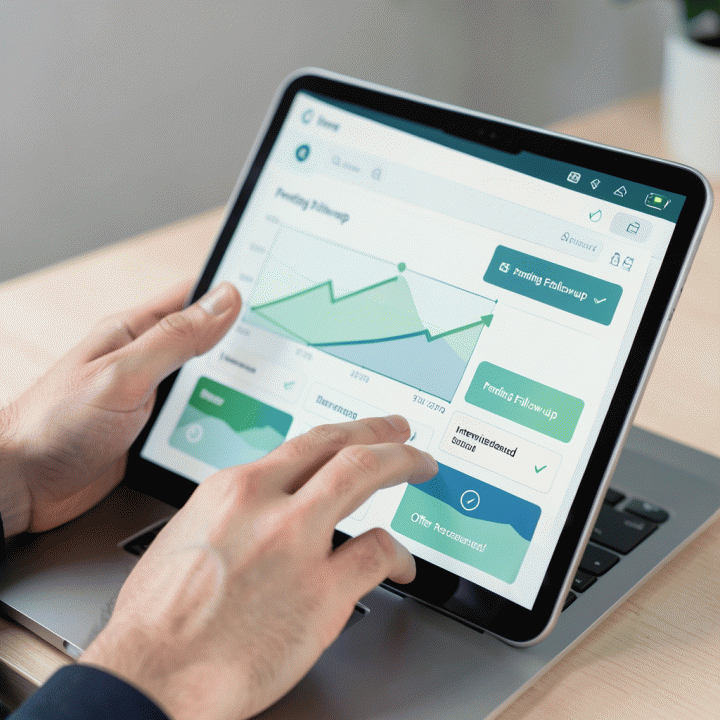 Tangan sedang berinteraksi dengan dashboard digital yang terorganisasi, menunjukkan pelacakan kemajuan karir dan prospek kerja.